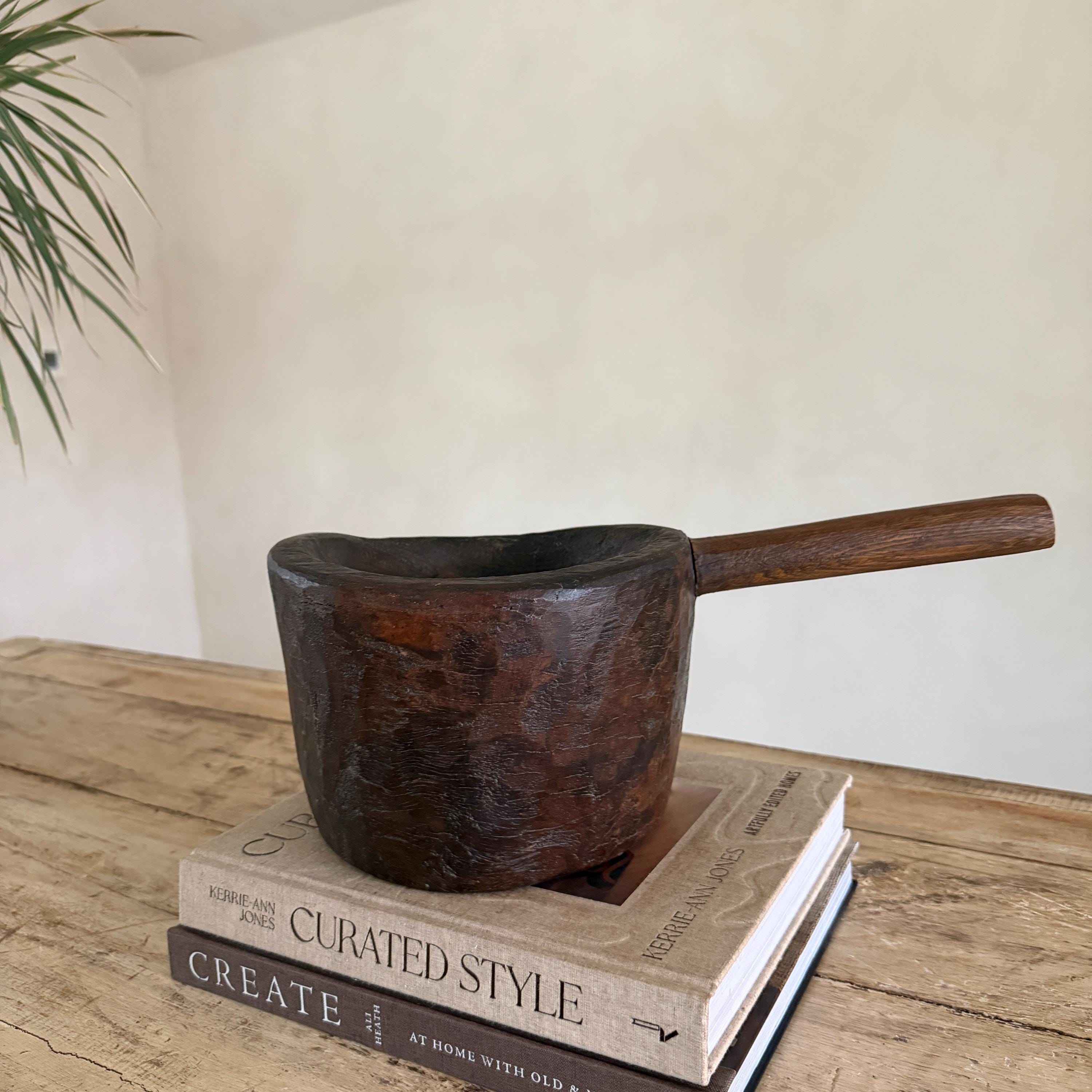 Antique Hand Carved Wooden Mortar | Vintage Rustic Grinder Bowl with Handle 15"