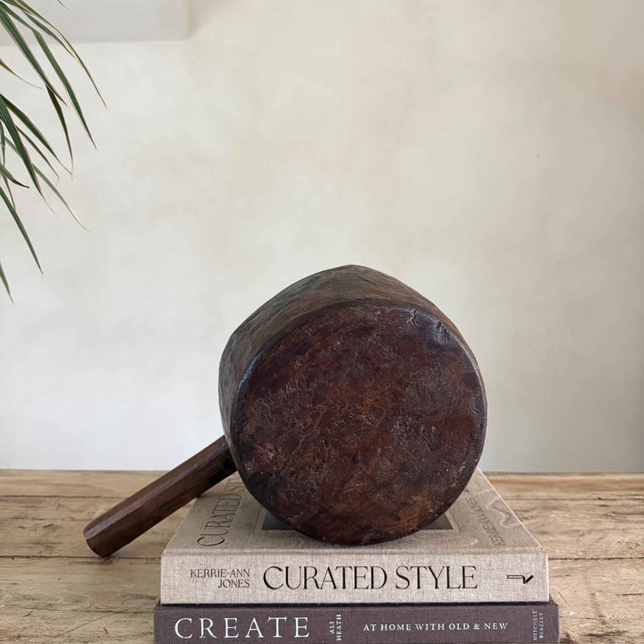 Antique Hand Carved Wooden Mortar | Vintage Rustic Grinder Bowl with Handle 15"