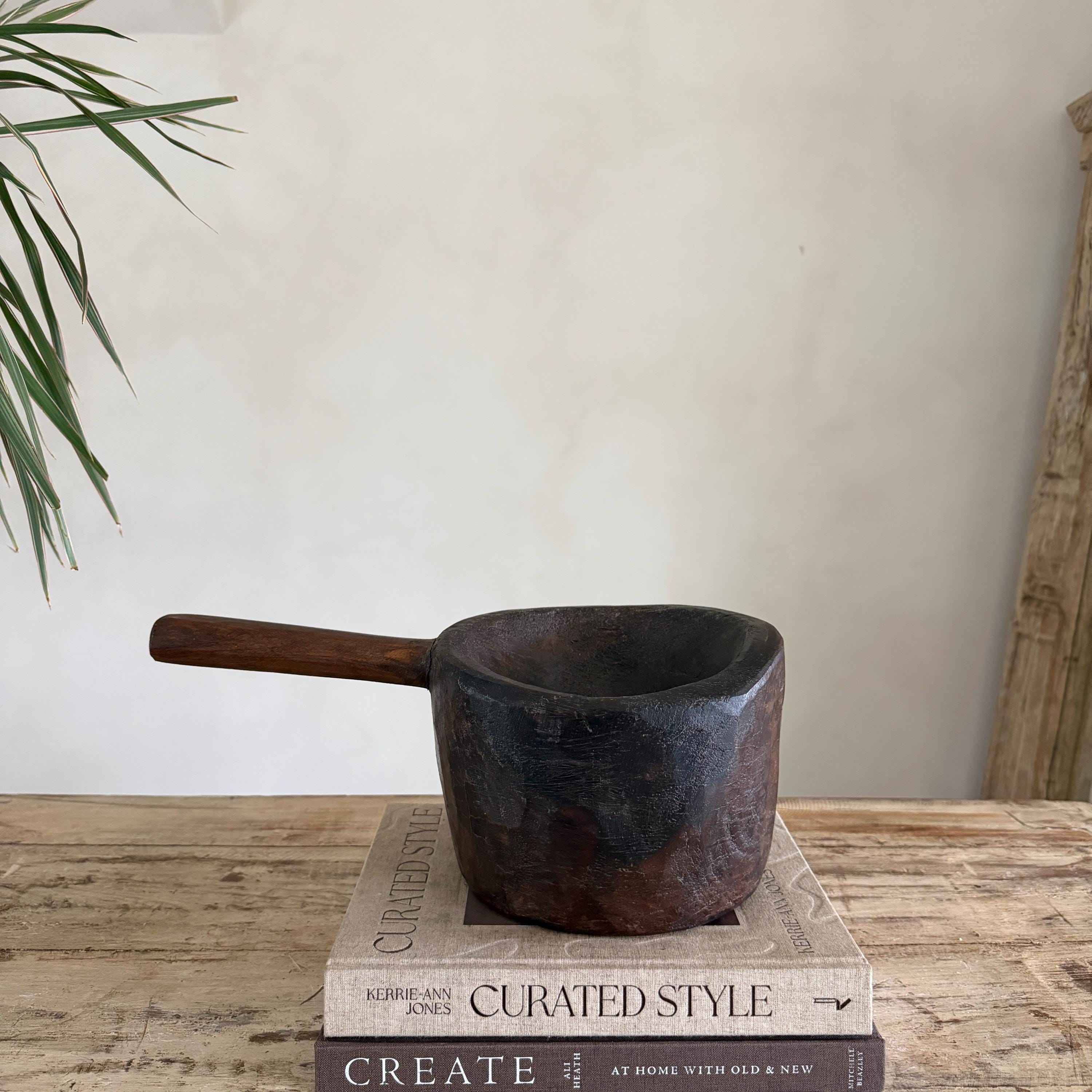 Antique Hand Carved Wooden Mortar | Vintage Rustic Grinder Bowl with Handle 15"