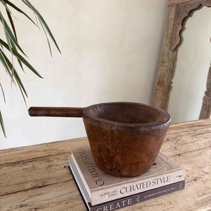 Antique Hand Carved Wooden Mortar | Vintage Rustic Grinder Bowl with Handle 16"