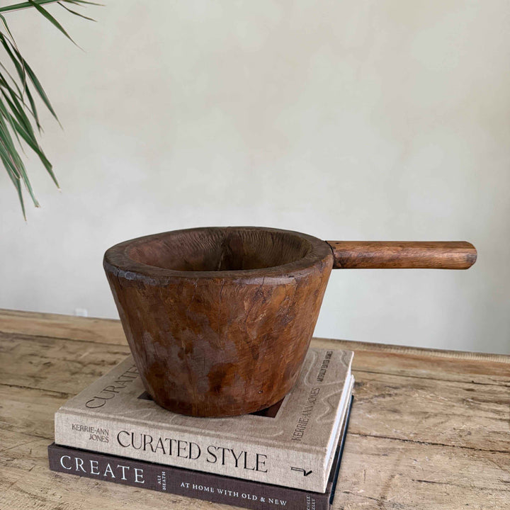 Antique Hand Carved Wooden Mortar | Vintage Rustic Grinder Bowl with Handle 16"