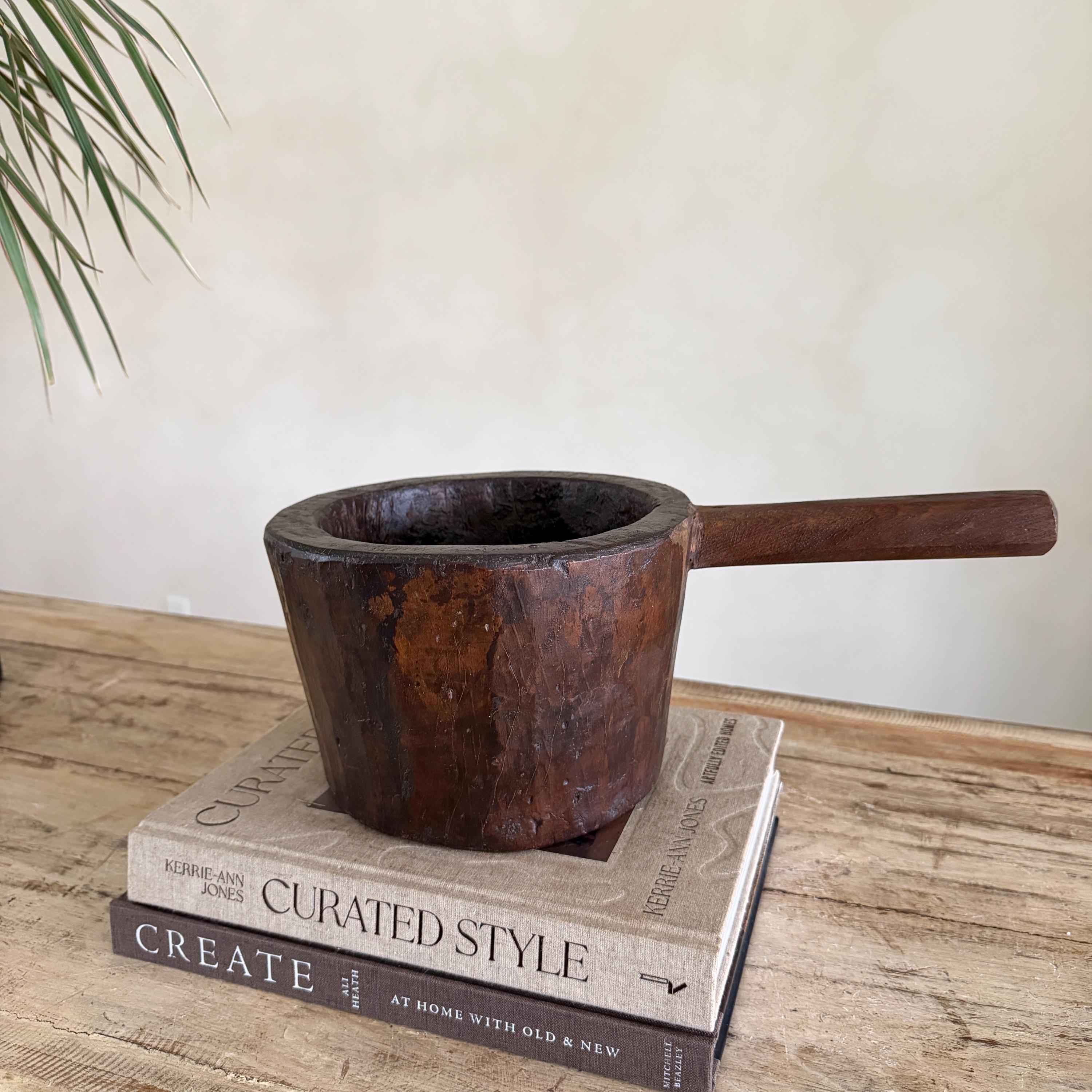 Antique Hand Carved Wooden Mortar | Vintage Rustic Grinder Bowl with Handle 14.7"