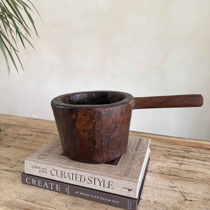 Antique Hand Carved Wooden Mortar | Vintage Rustic Grinder Bowl with Handle 14.7"