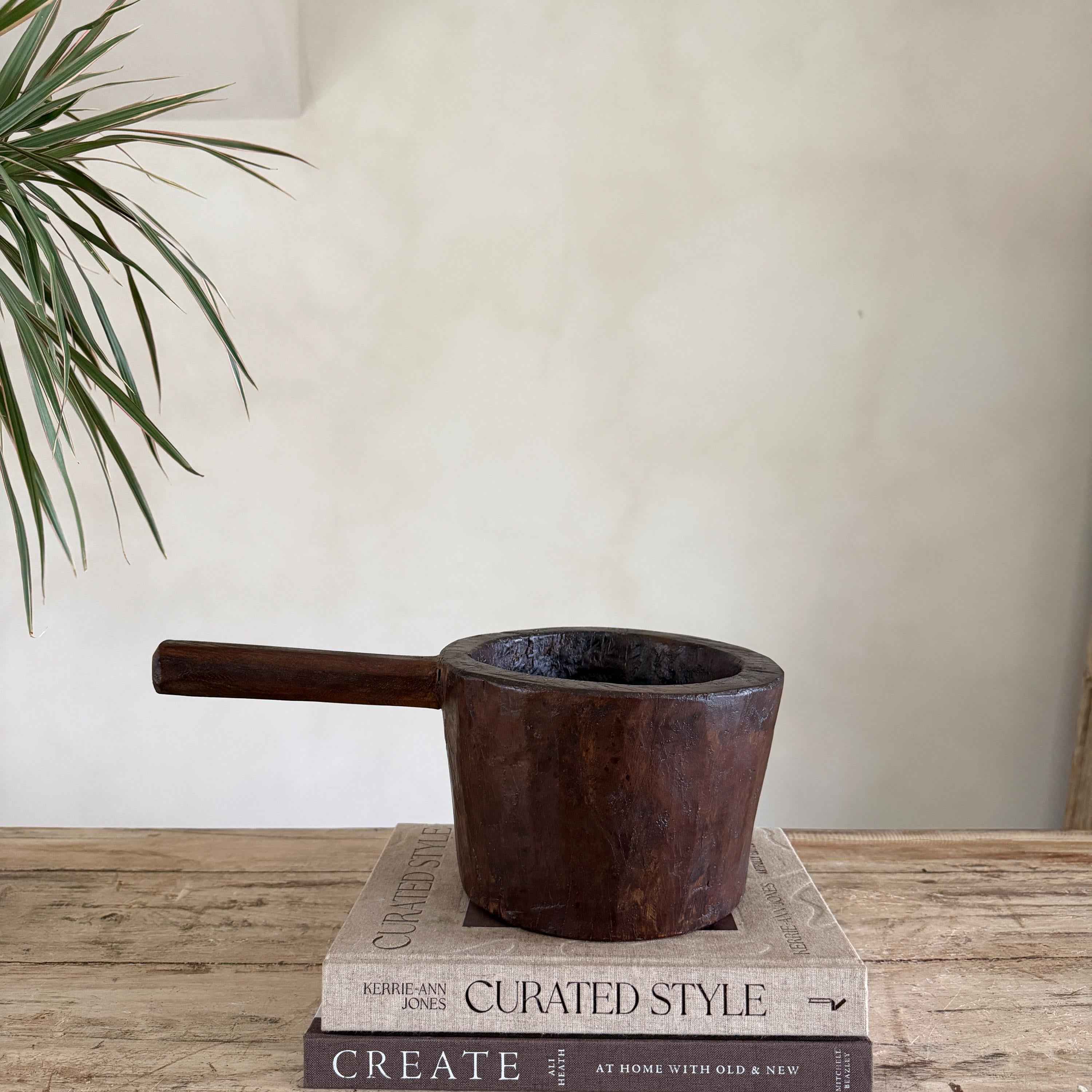 Antique Hand Carved Wooden Mortar | Vintage Rustic Grinder Bowl with Handle 14.7"