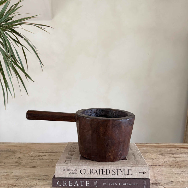 Antique Hand Carved Wooden Mortar | Vintage Rustic Grinder Bowl with Handle 14.7"