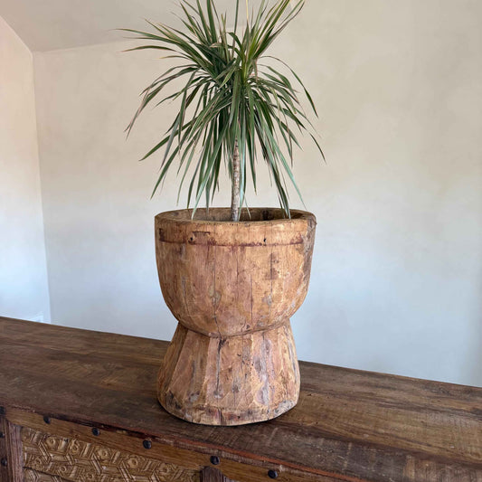 Antique Wooden Ukhali Planter 16.5" | Rustic Side Table