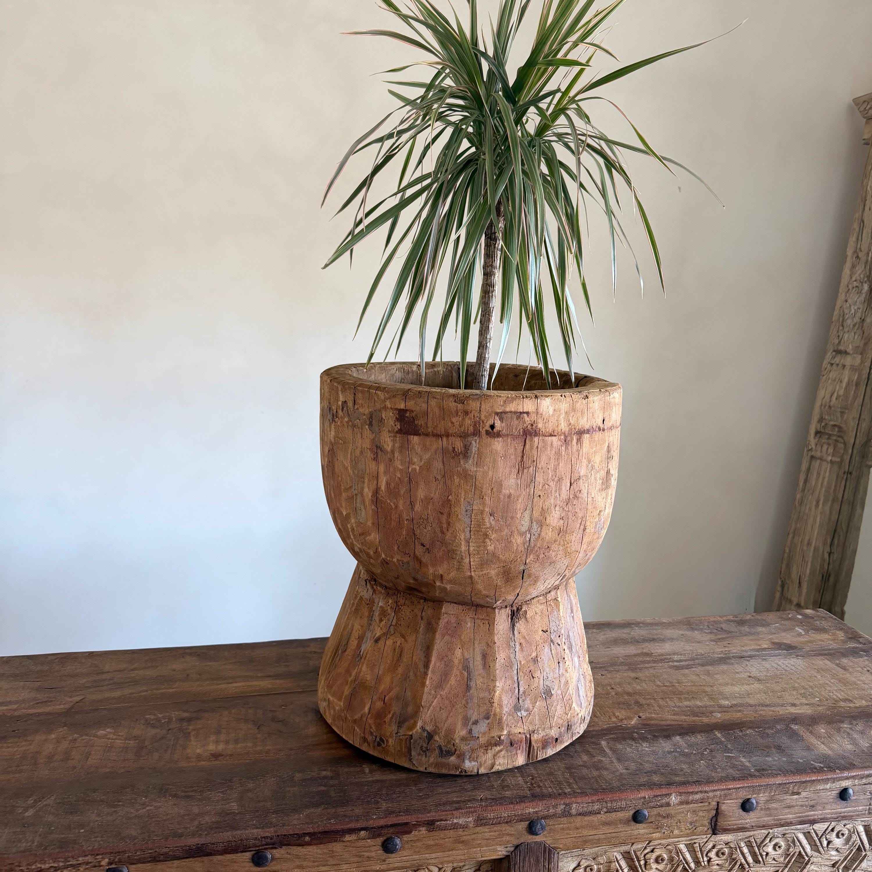 Antique Wooden Ukhali Planter 16.5" | Rustic Side Table