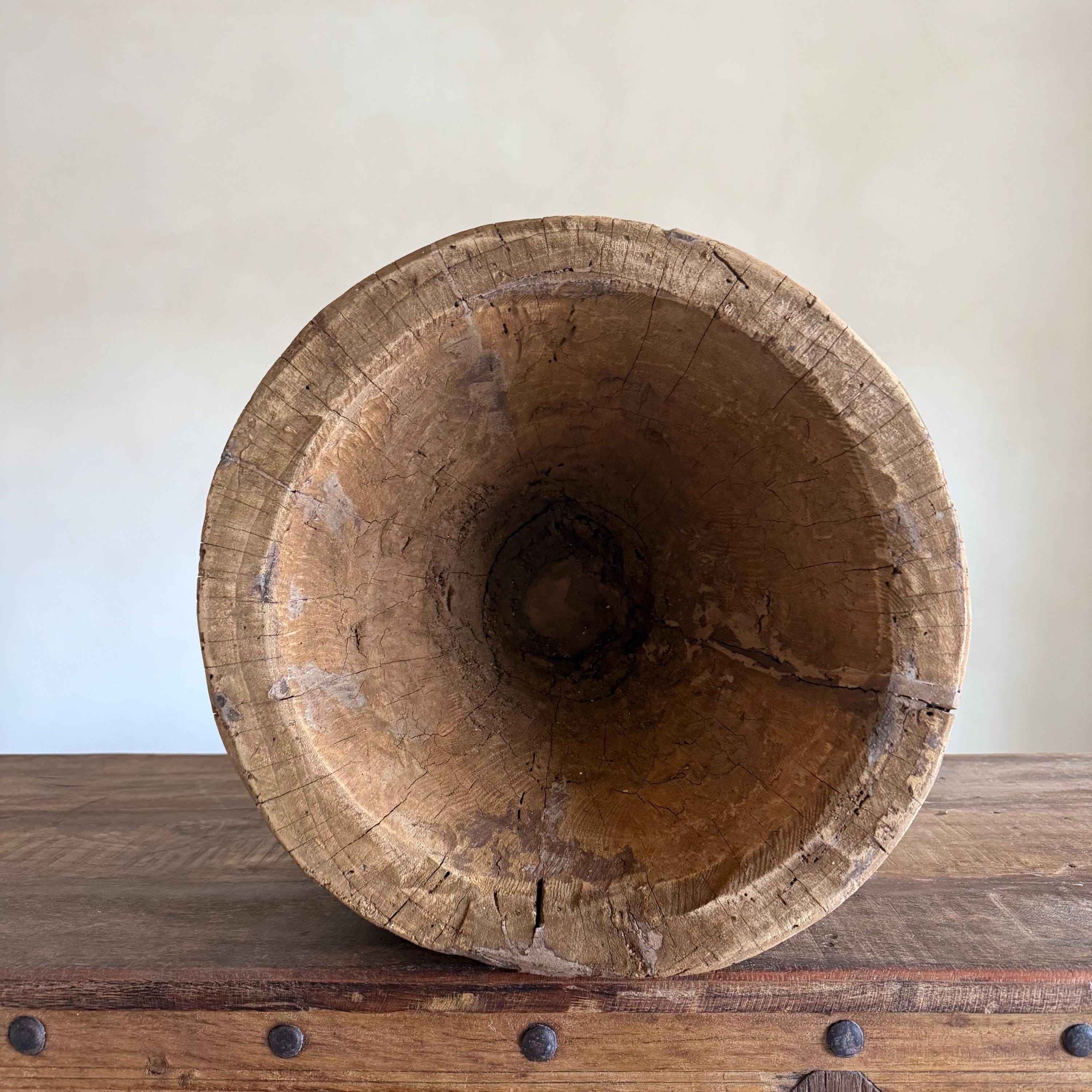 Antique Wooden Ukhali Planter 16.5" | Rustic Side Table