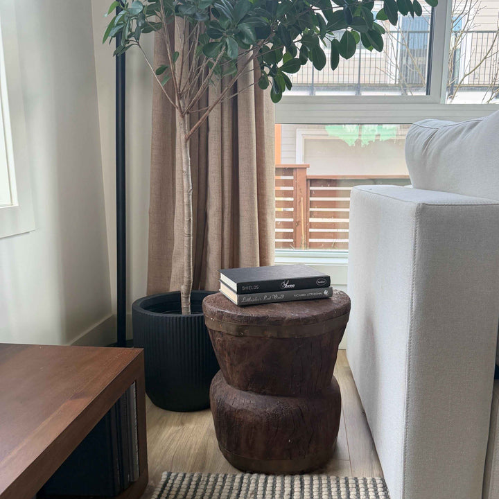 Antique Wooden Ukhali Planter 16" | Rustic Side Table