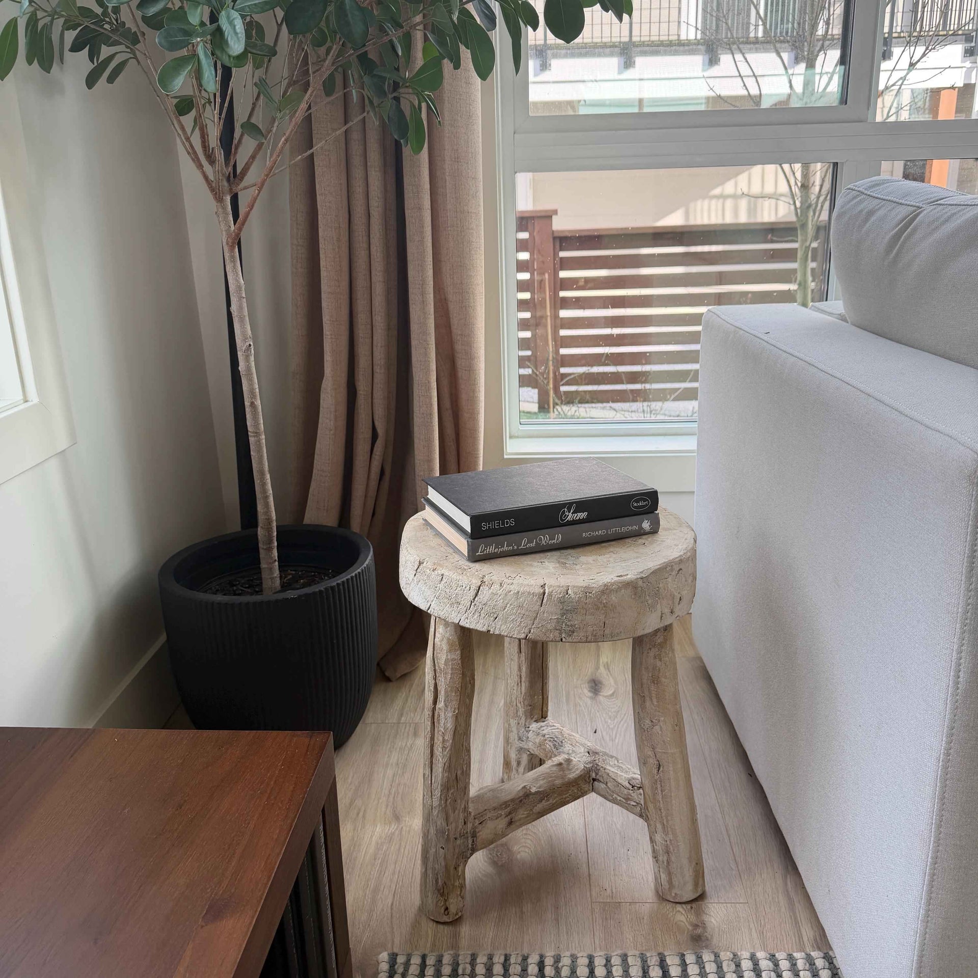Vintage Wagon Bleached Wheel Stool | Reclaimed Wood Side Table | Rustic Farmhouse End Table