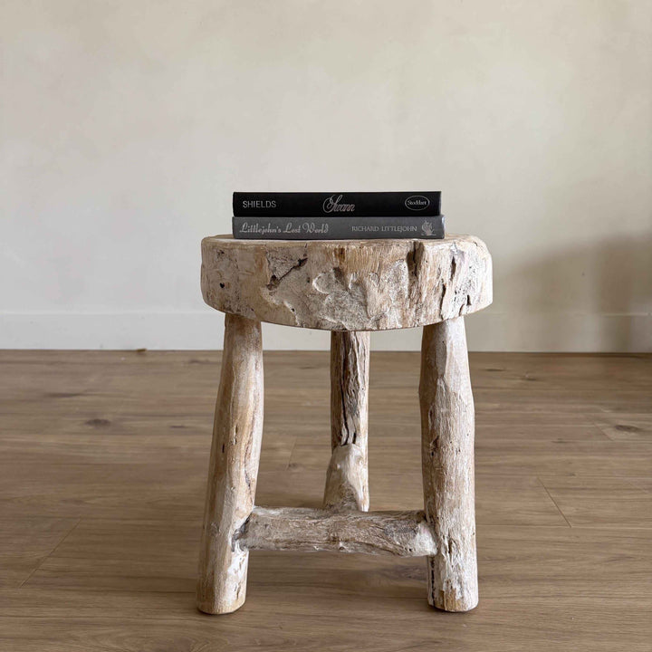 Vintage Wagon Bleached Wheel Stool | Reclaimed Wood Side Table | Rustic Farmhouse End Table