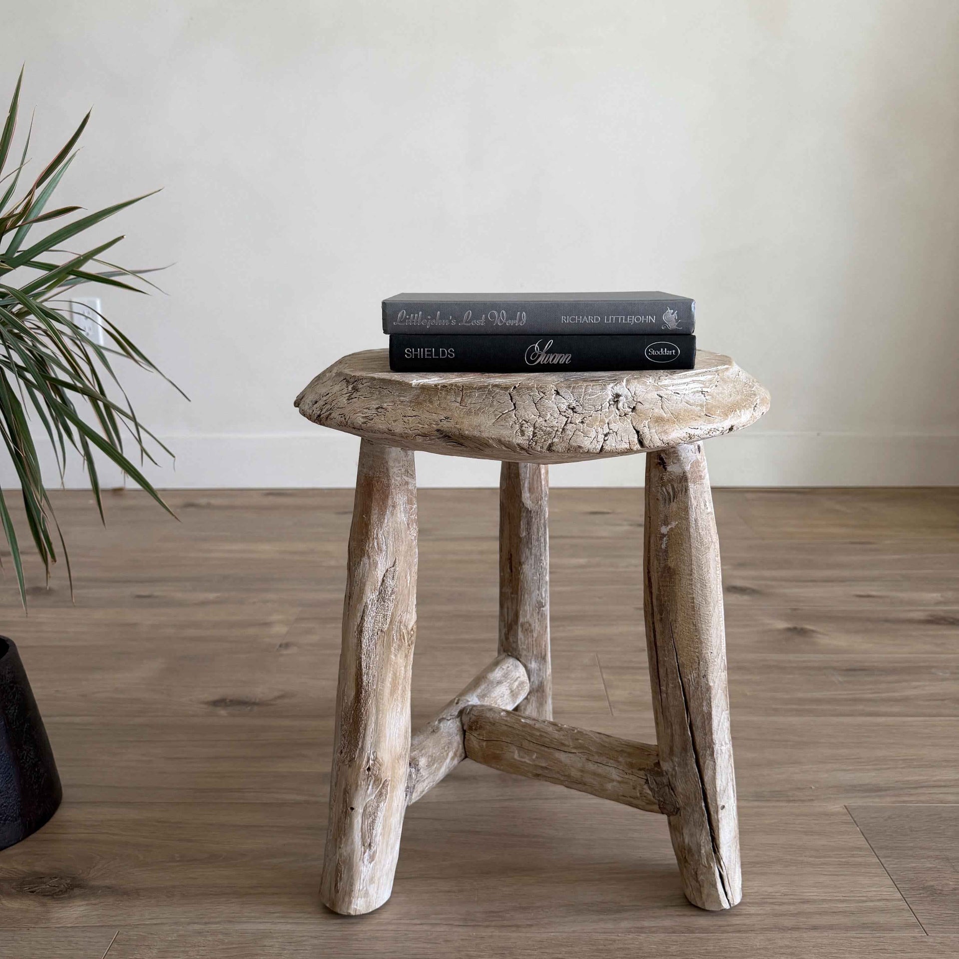 Vintage Wagon Bleached Wheel Stool | Reclaimed Wood Side Table | Rustic Farmhouse End Table