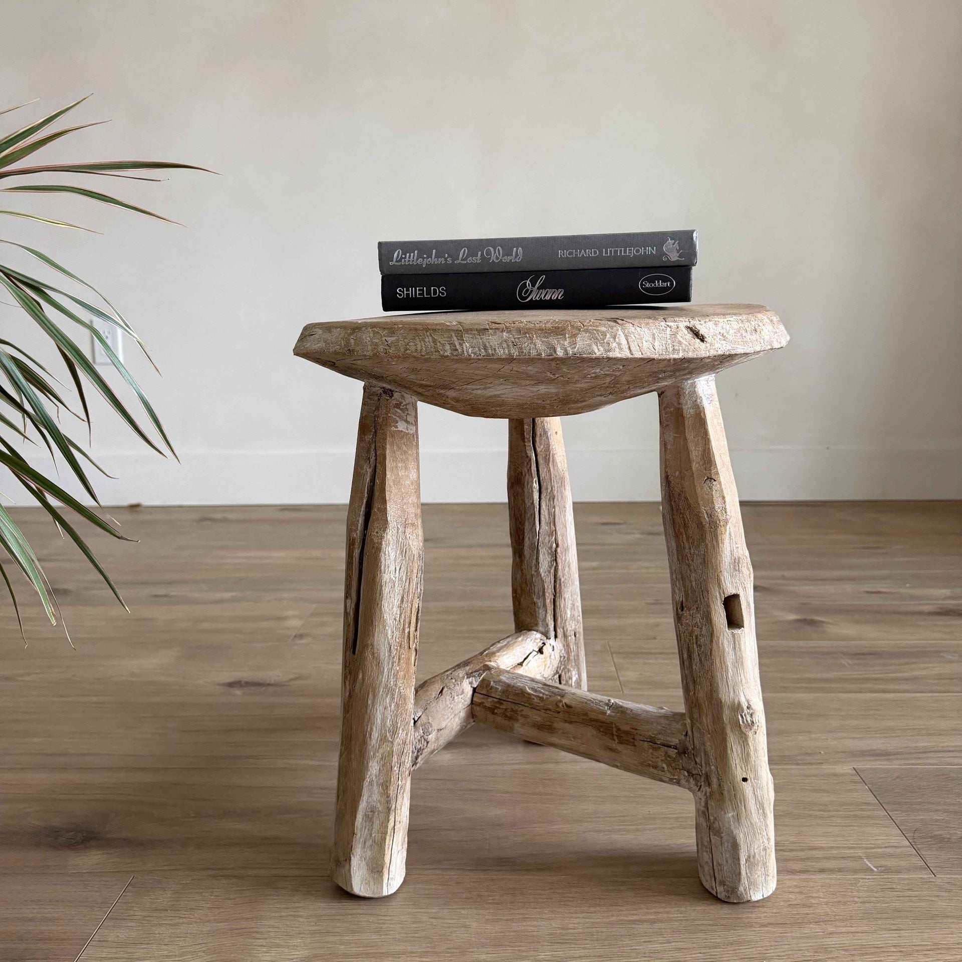 Vintage Wagon Bleached Wheel Stool | Reclaimed Wood Side Table | Rustic Farmhouse End Table