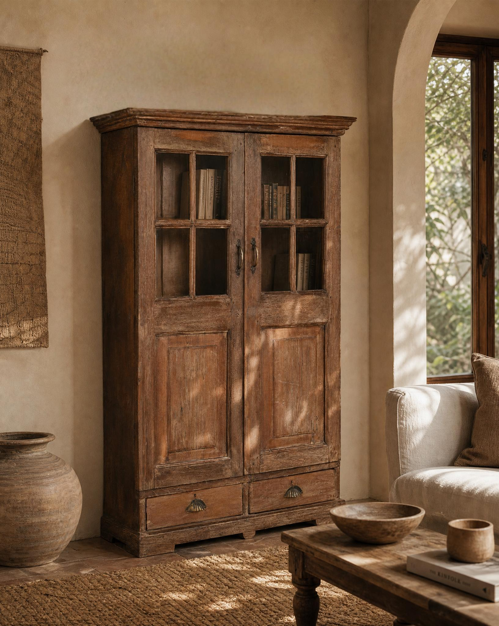 Antique Teak Wood Glass Almirah 9